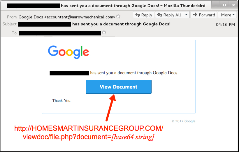 Hancitor phishing email